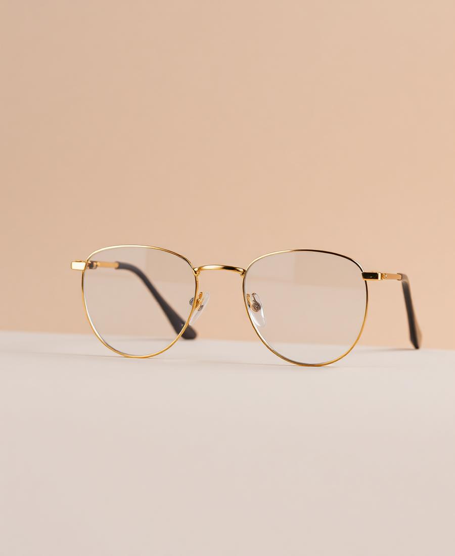 Thin gold titanium optical eyeglasses on a minimal warm-grey background