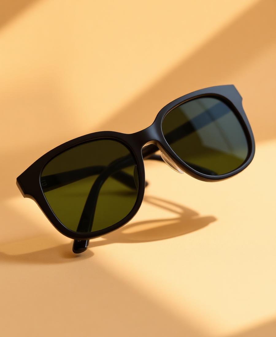 Oversized black acetate sunglasses with dark green lenses on a warm beige background